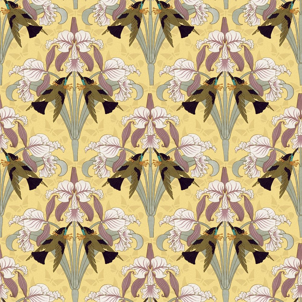 Bird, flower pattern background, vintage nature, Maurice Pillard Verneuil artwork remixed by rawpixel psd