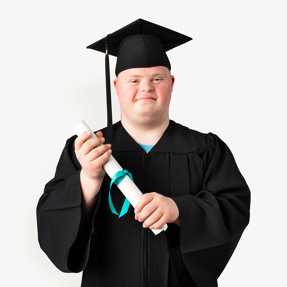 Down syndrome graduate isolated image on white background
