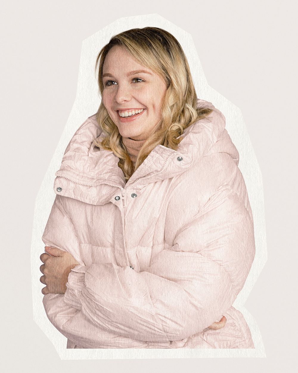 Woman in puffer jacket, paper texture cut out
