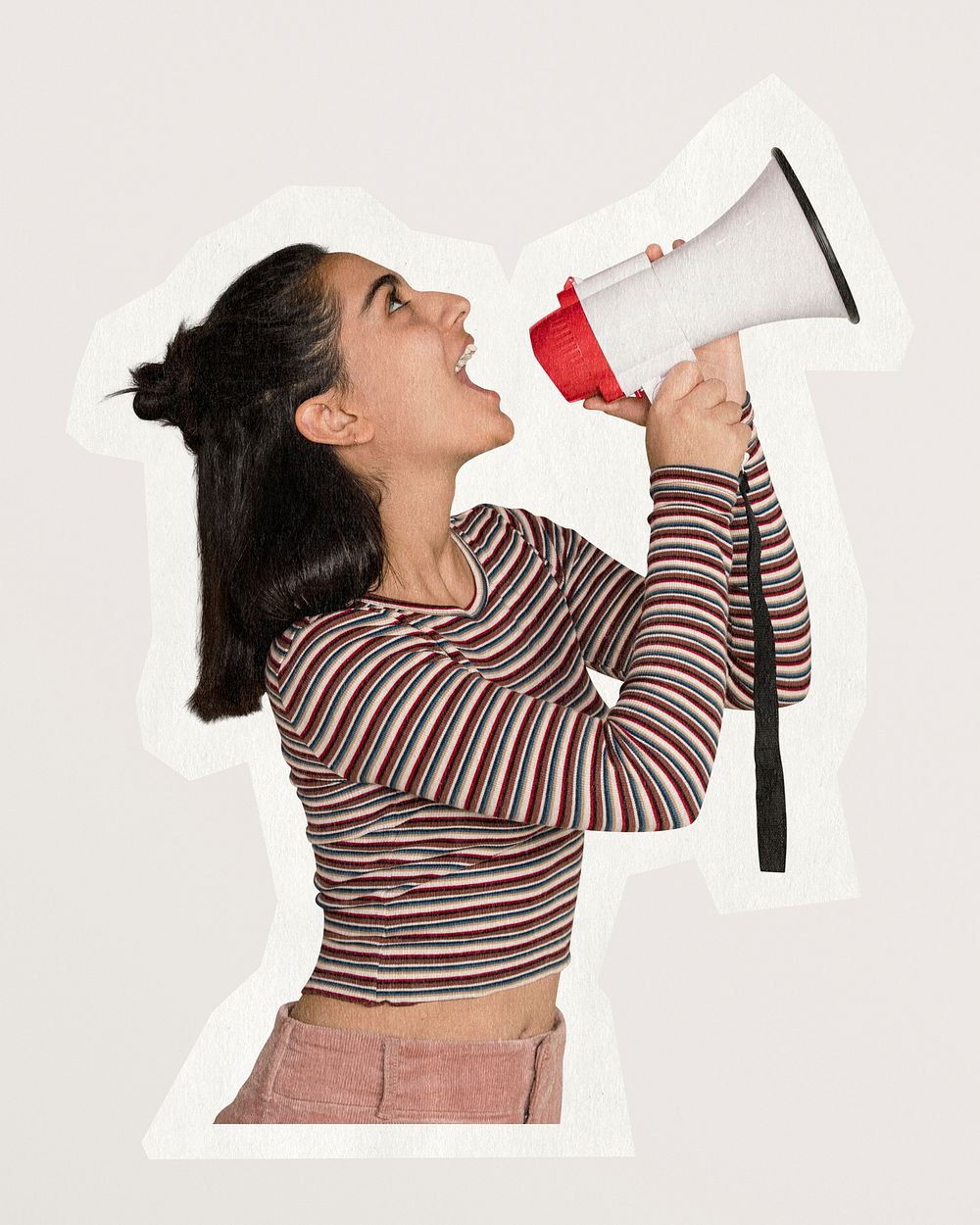 Feminist with megaphone, women's rights, paper texture cut out