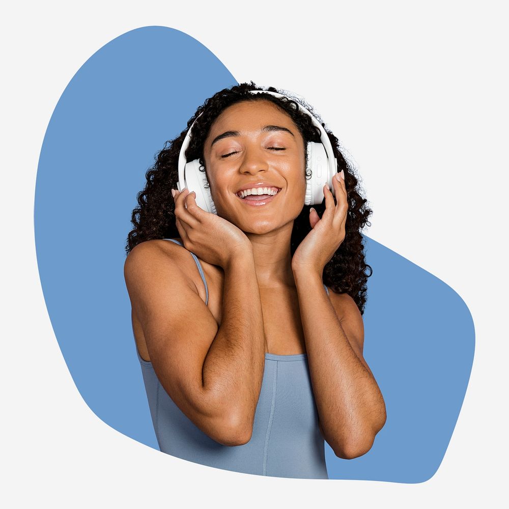 Woman with headphones, blue badge 