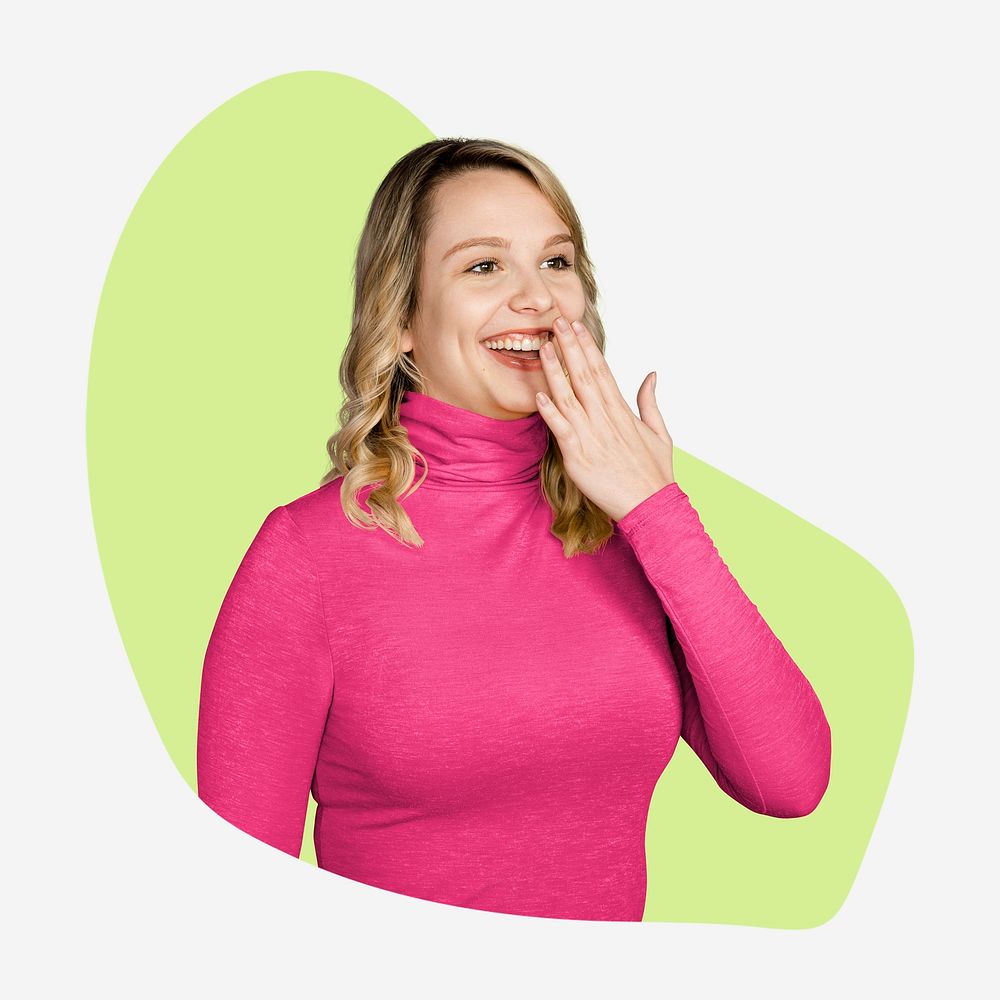 Shocked woman gasping, green shape badge