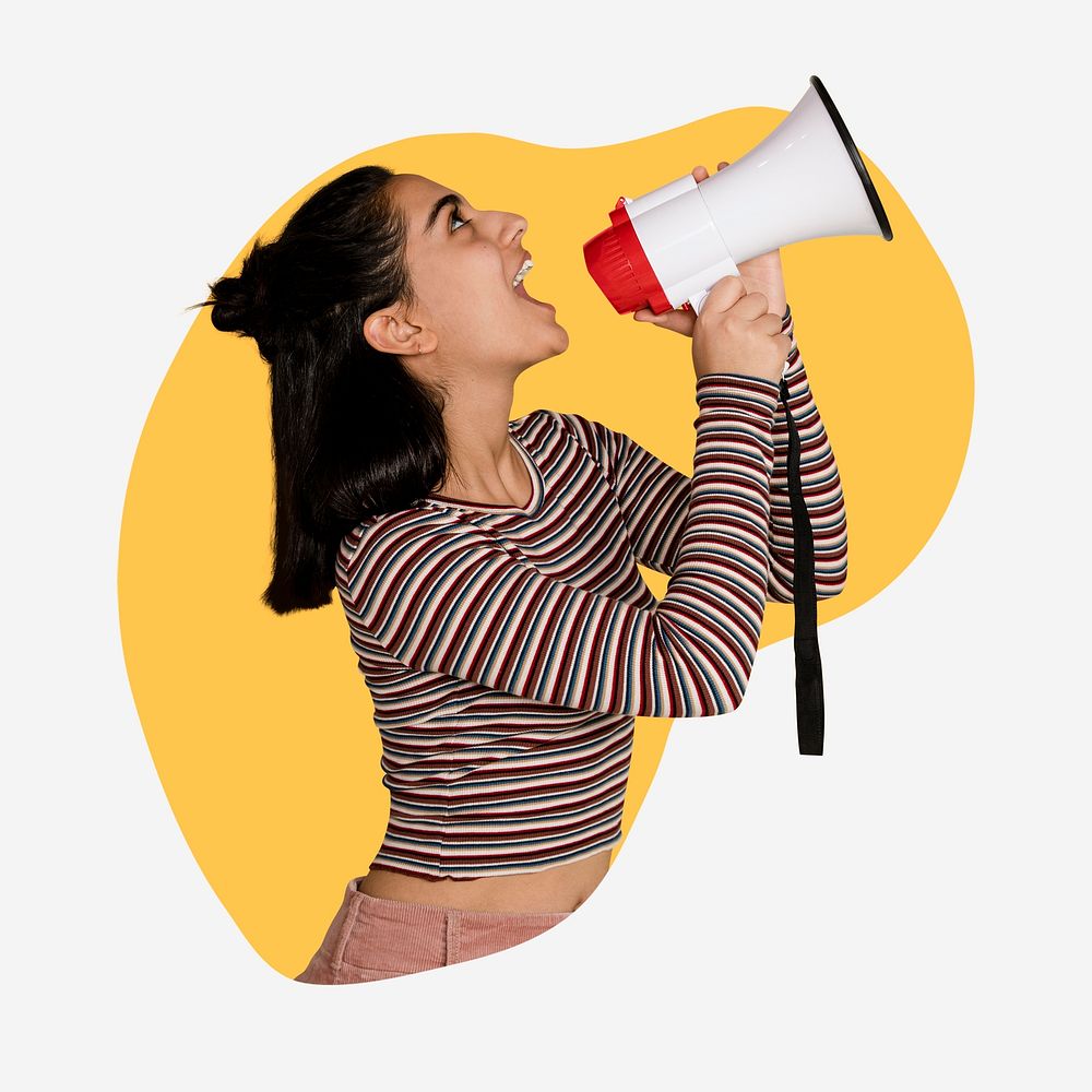 Feminist with megaphone, yellow shape badge