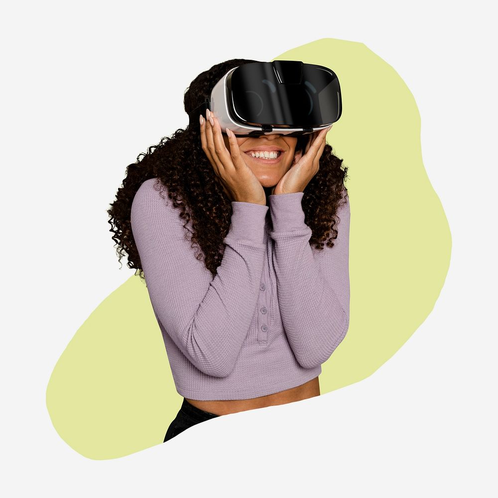 Woman in Metaverse with VR headset, green shape badge