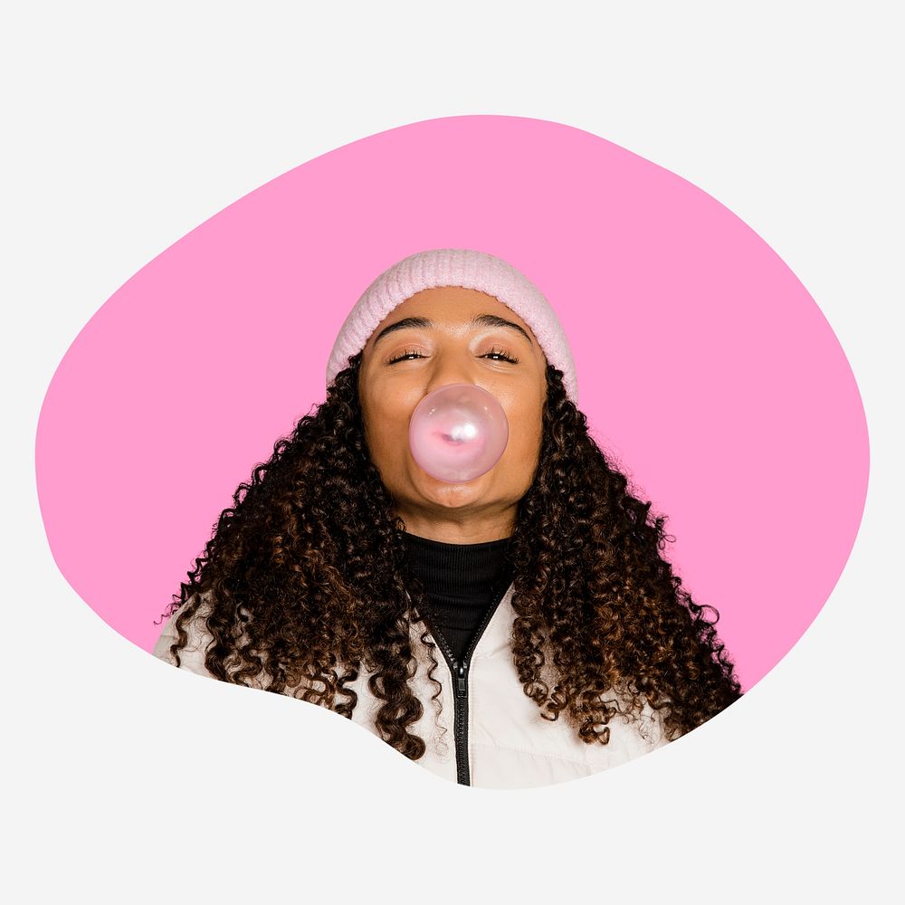 Woman with bubblegum, pink shape badge