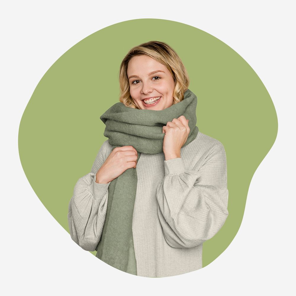 Women's winter outfit, green shape badge psd