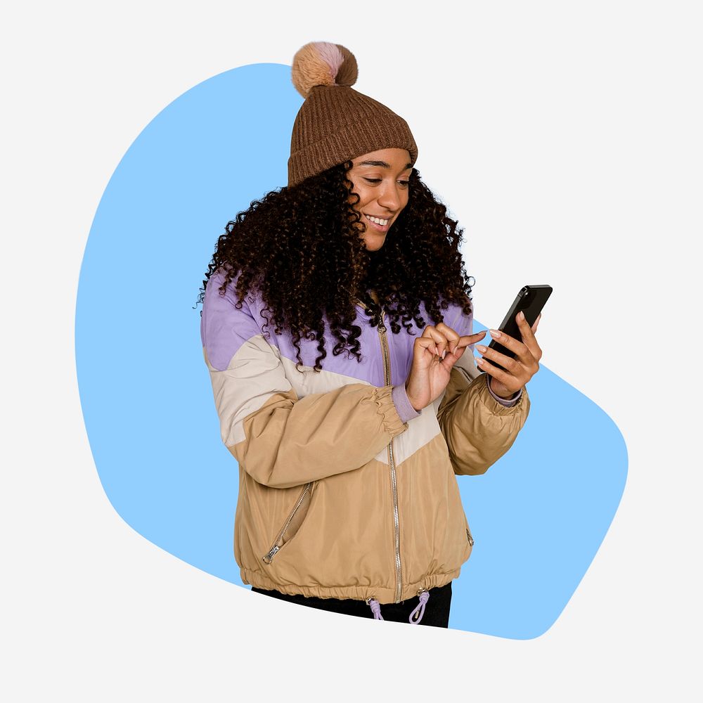 Happy woman with mobile phone, blue shape badge