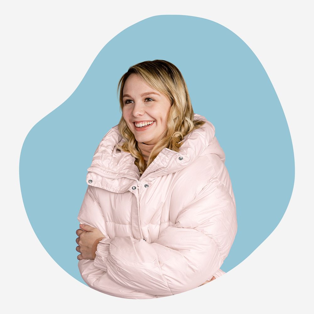 Blonde woman feeling cold in down jacket, blue shape badge