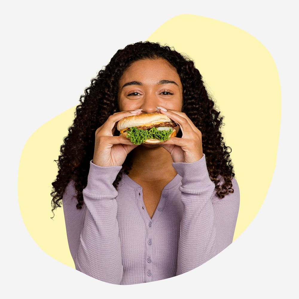 Woman eating hamburger, yellow badge