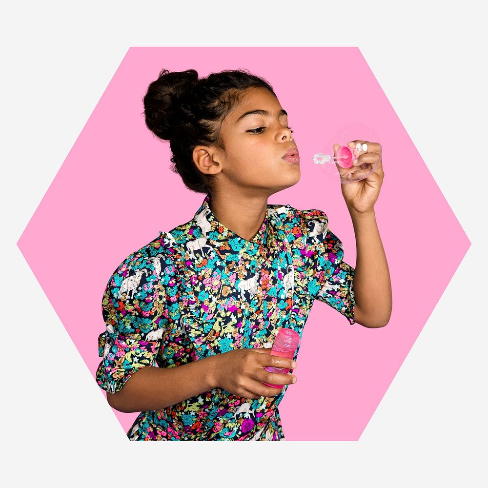 Girl blowing soap bubbles, pink shape badge
