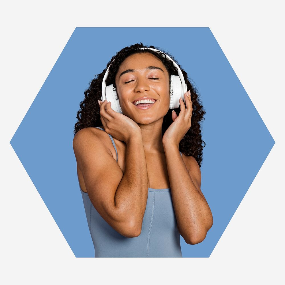 Woman with headphones, blue badge 