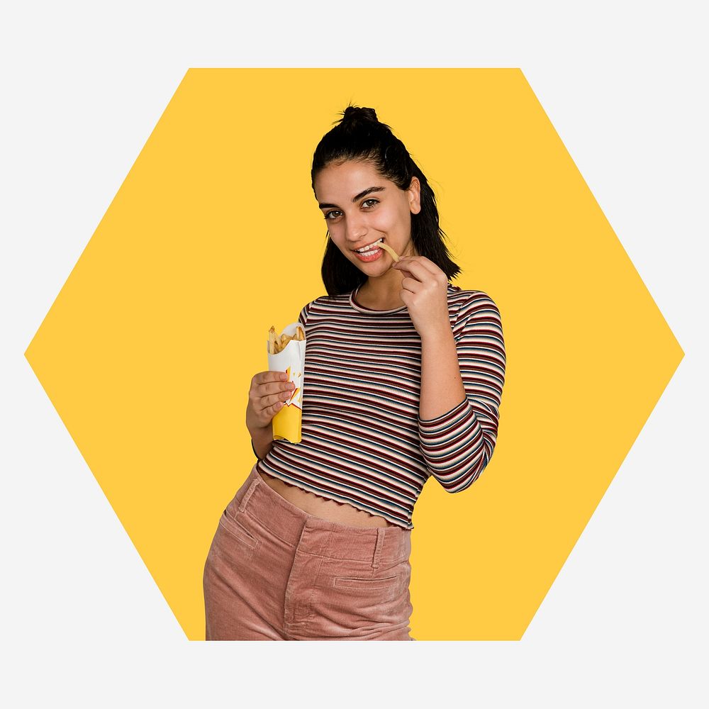 Woman eating fries, yellow badge