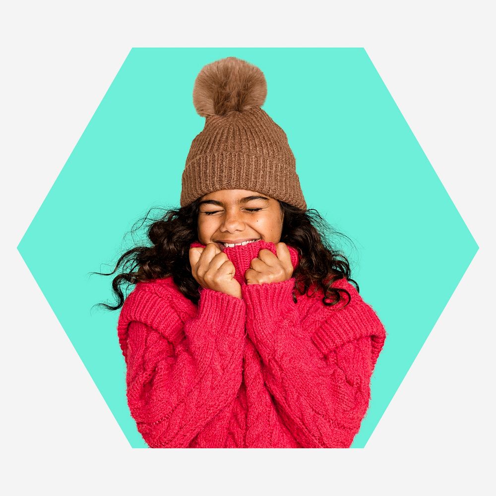 Cute little girl in winter clothes, turquoise shape badge