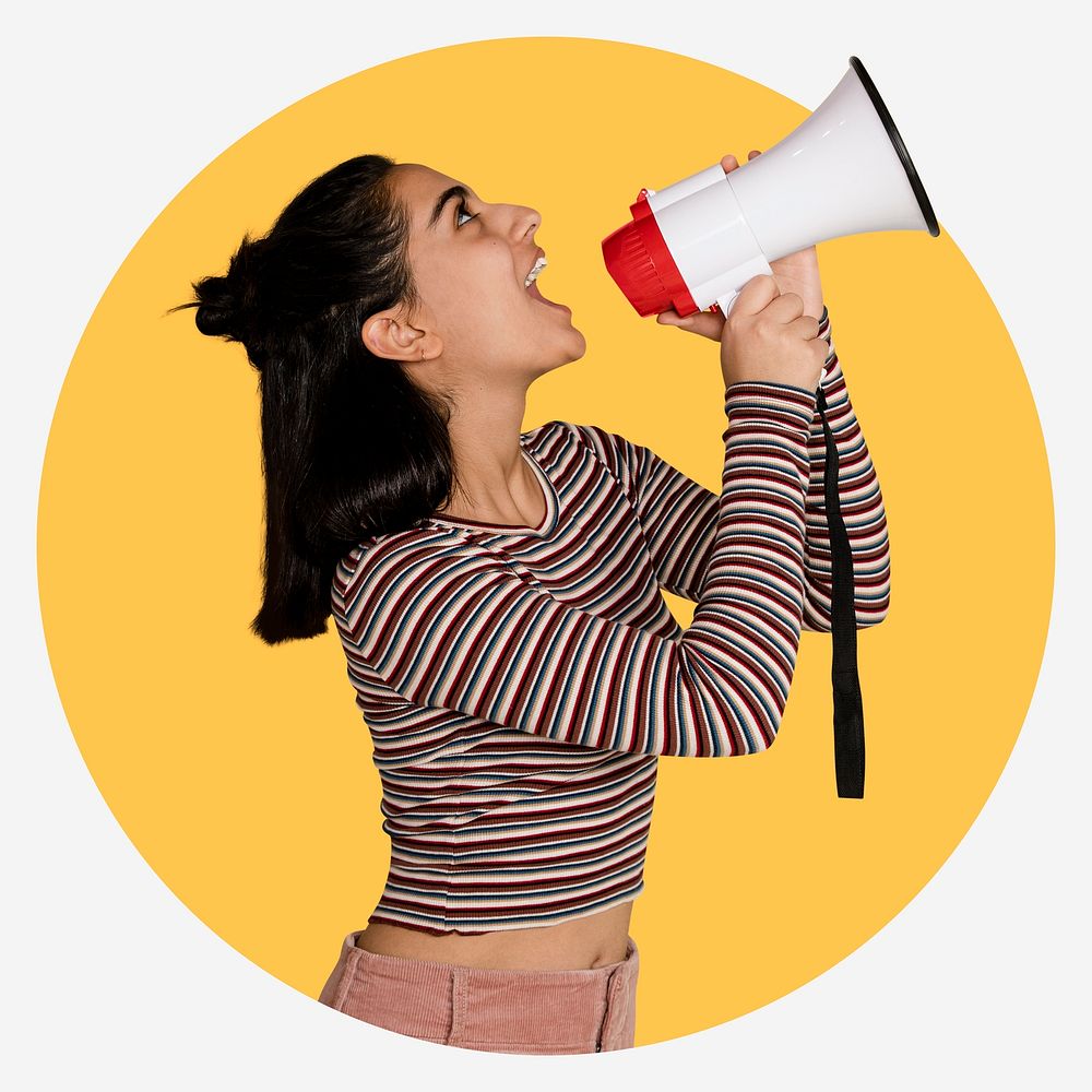 Feminist with megaphone, yellow shape badge