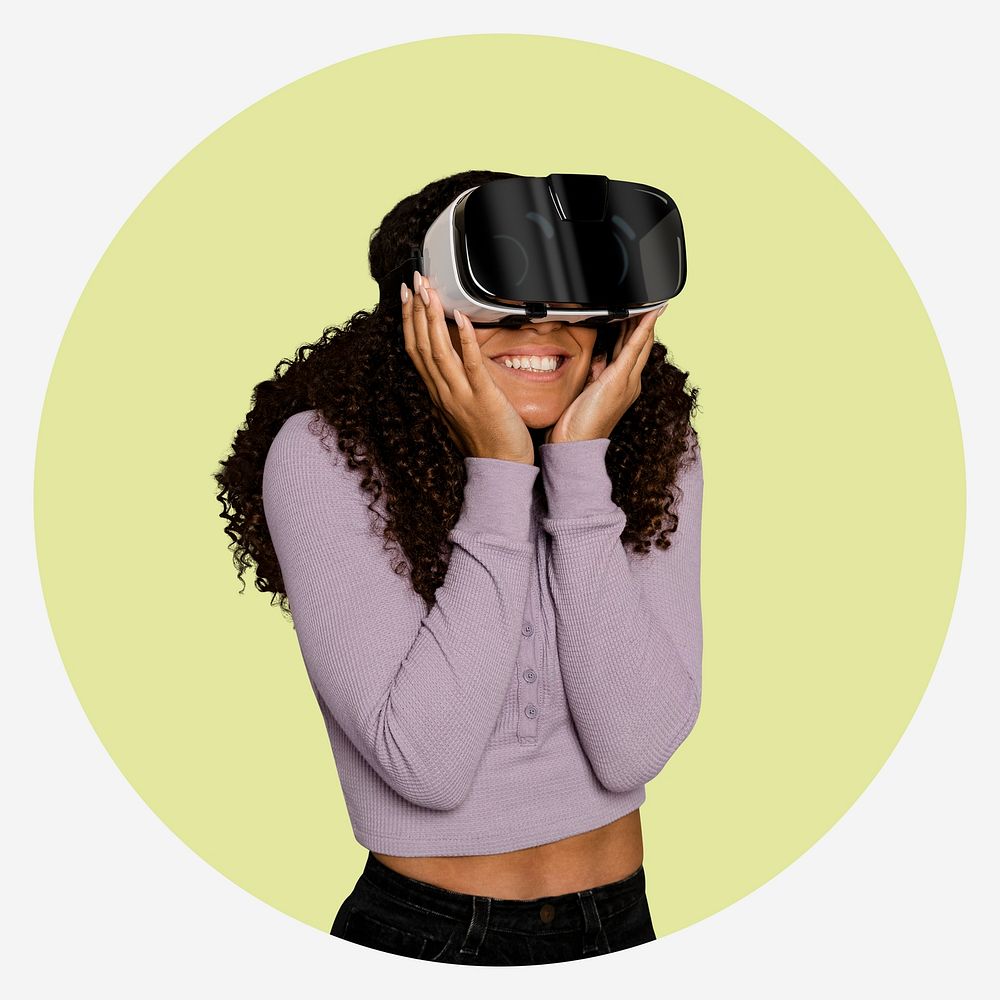 Woman in Metaverse with VR headset, green shape badge