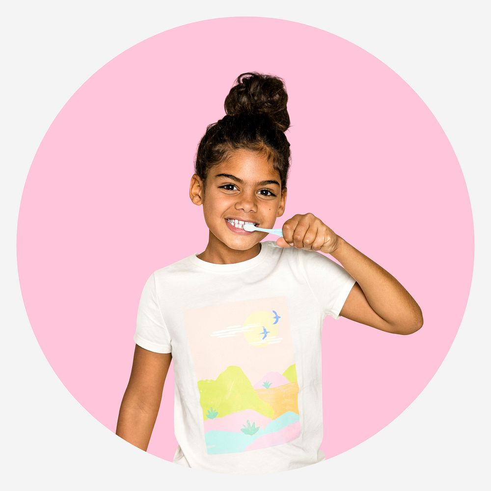 Girl brushing teeth, pink shape badge