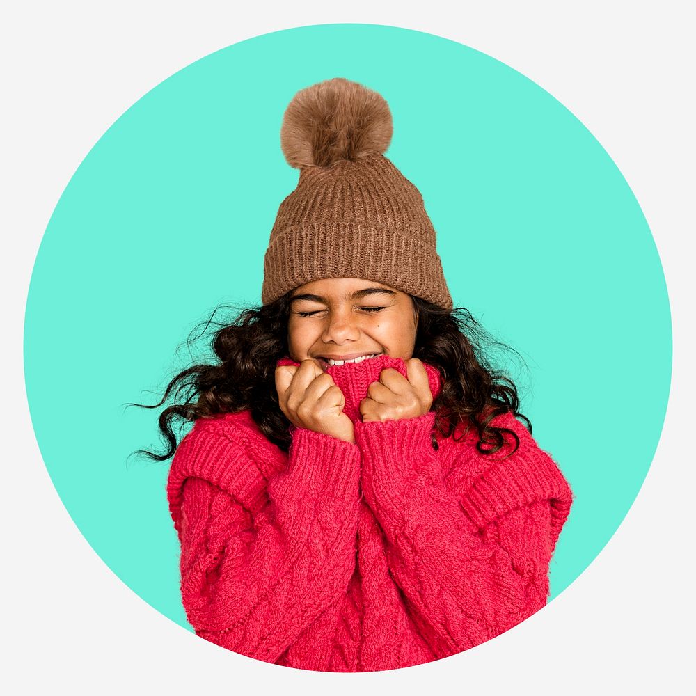 Cute girl in knitted hat, turquoise shape badge