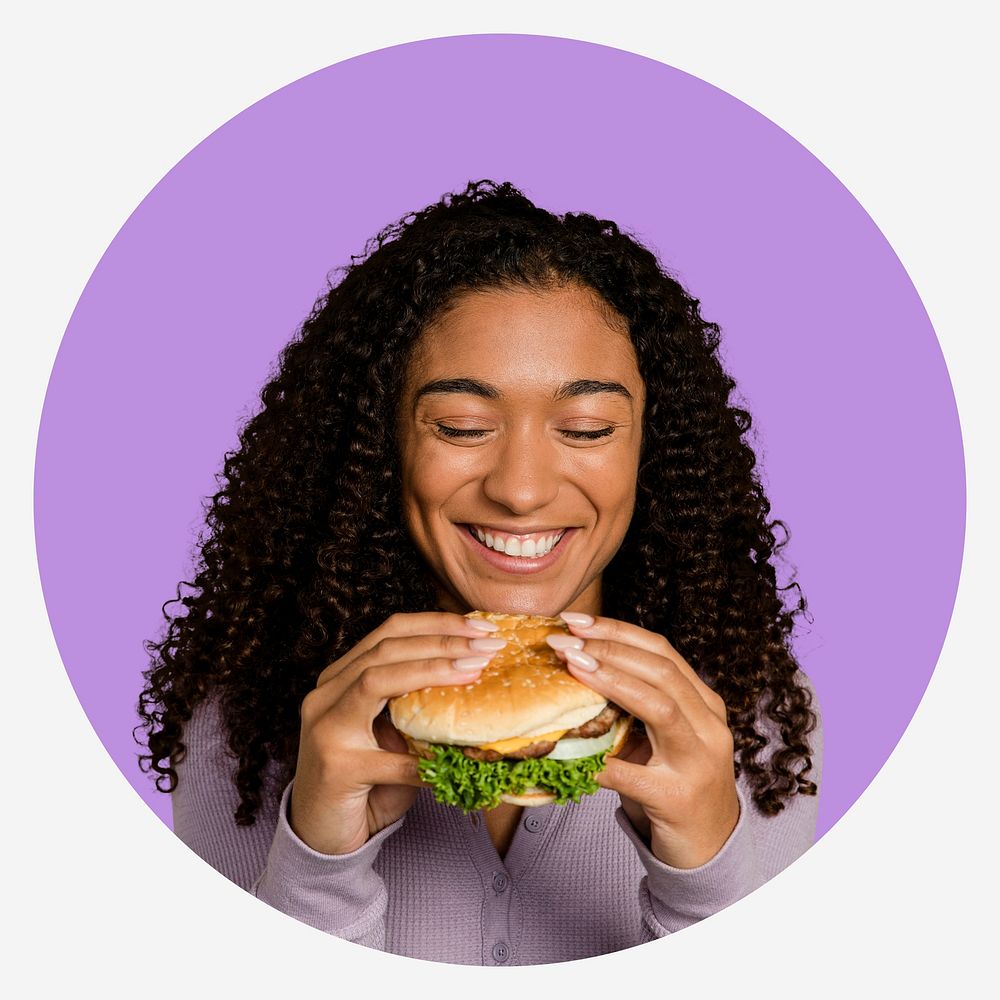 Woman eating hamburger, purple shape badge