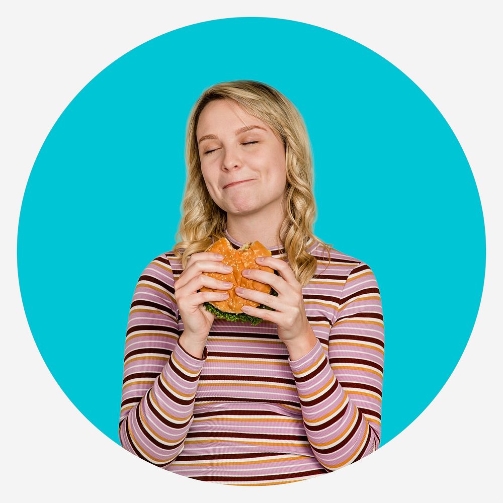 Blonde woman eating a hamburger, blue shape badge