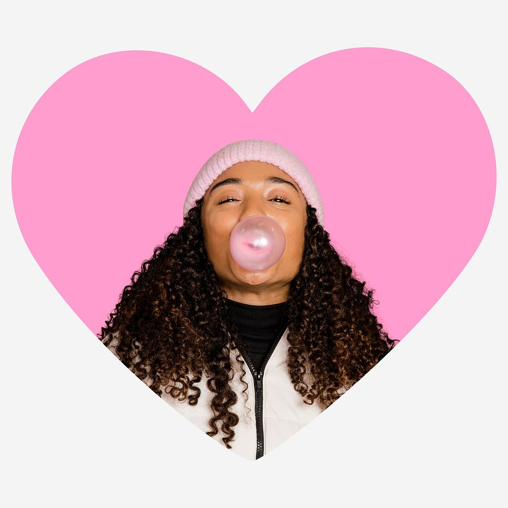 Woman with bubblegum, pink heart shape badge