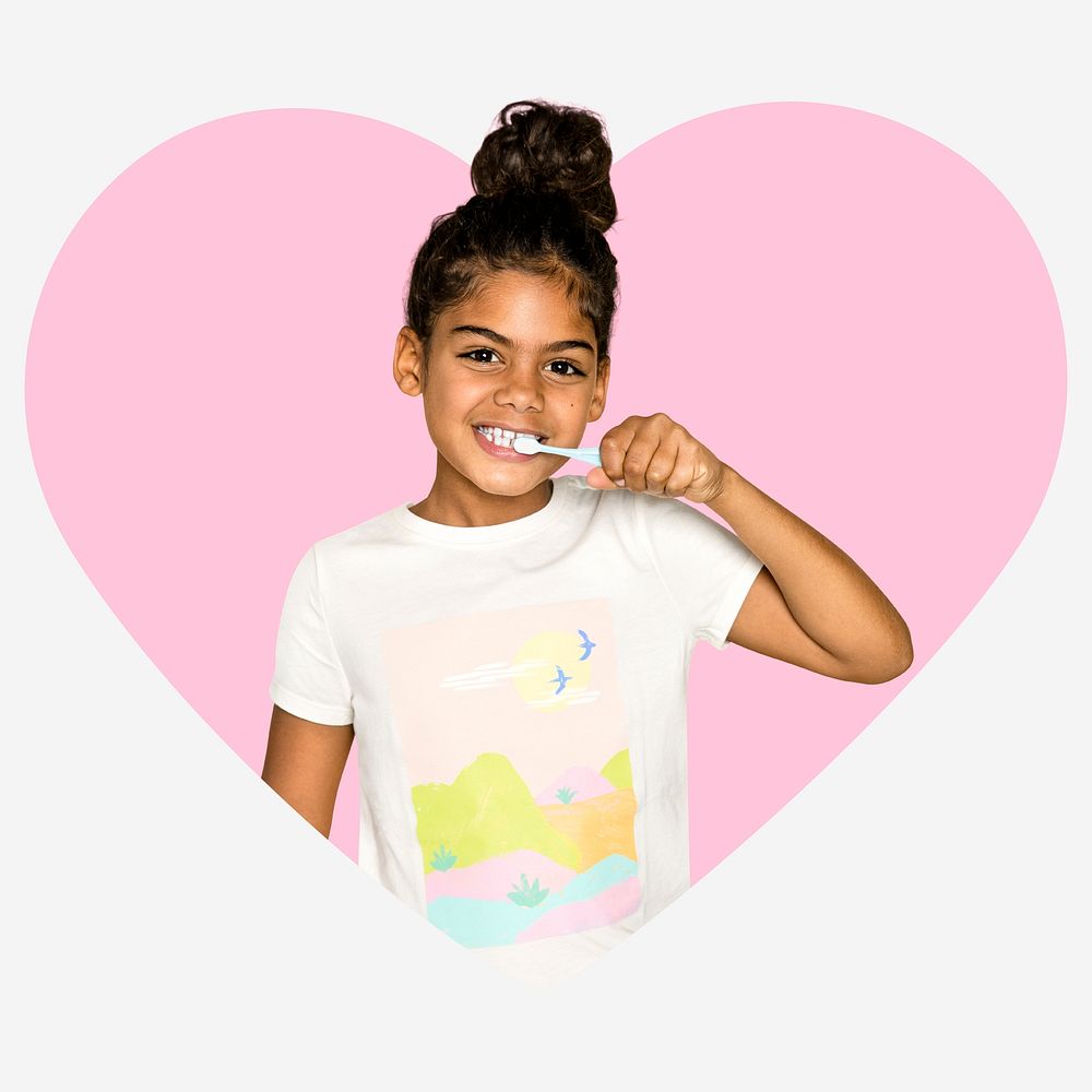 Girl brushing teeth, pink heart shape badge