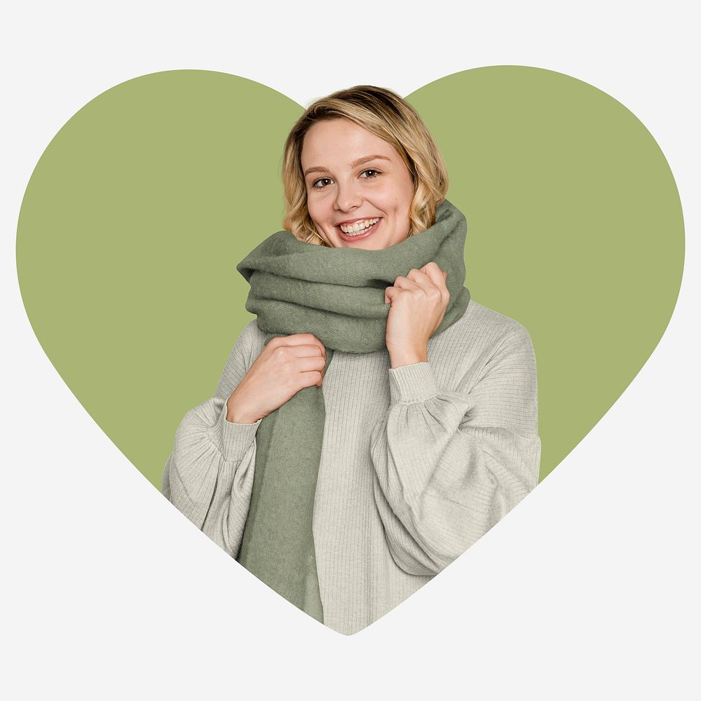 Happy environmentalist woman, green heart shape badge