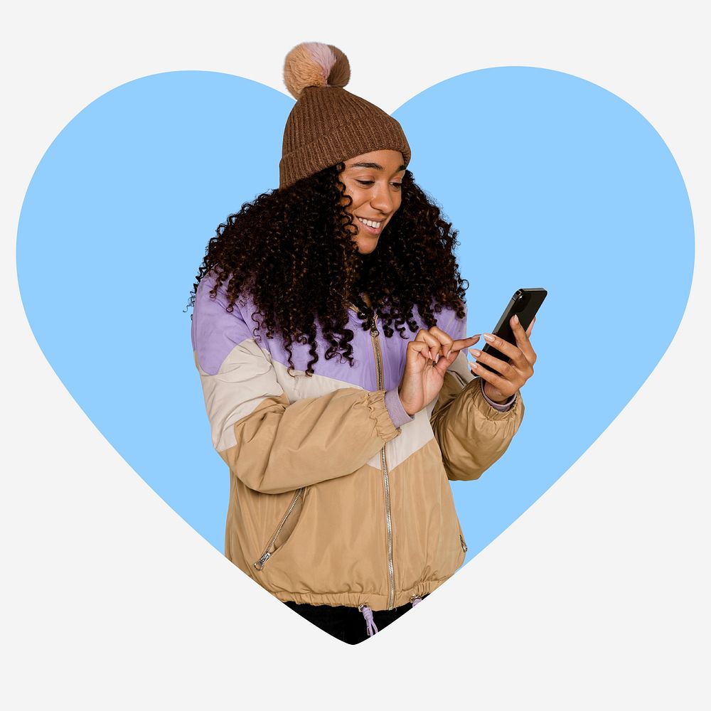 Happy woman with mobile phone, blue heart shape badge