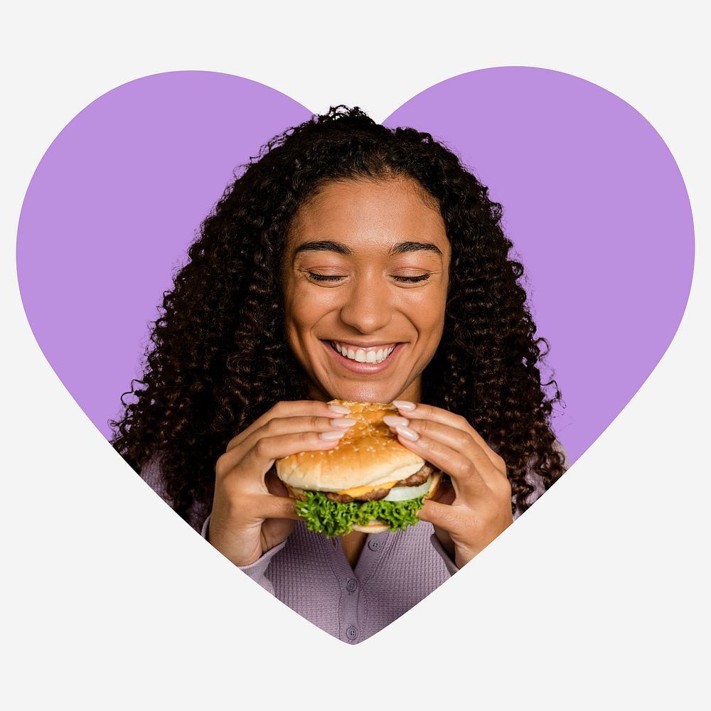 Woman eating hamburger, heart shape badge