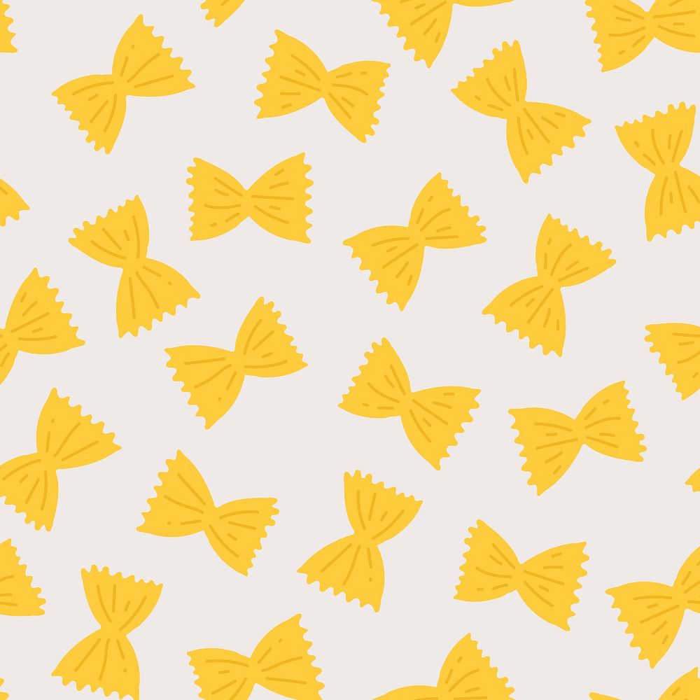 Farfalle pasta pattern background vector in yellow bow shape border