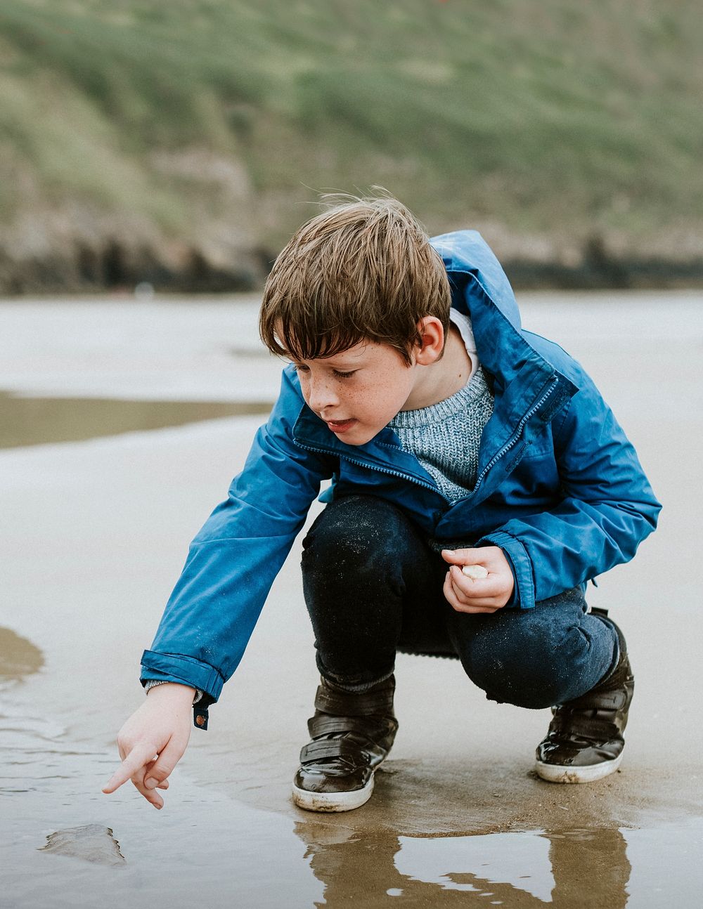 Little boy pointing at jellyfish at the beach