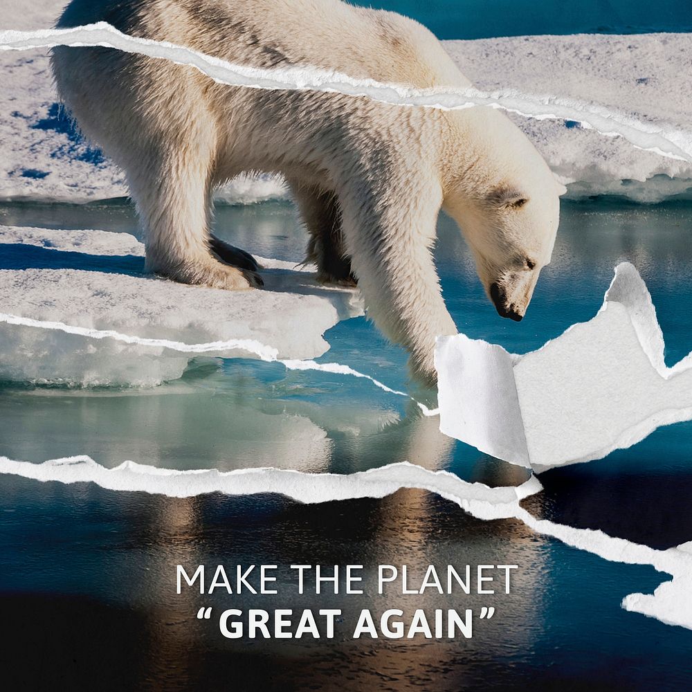 Global warming awareness template vector with ripped polar bear background