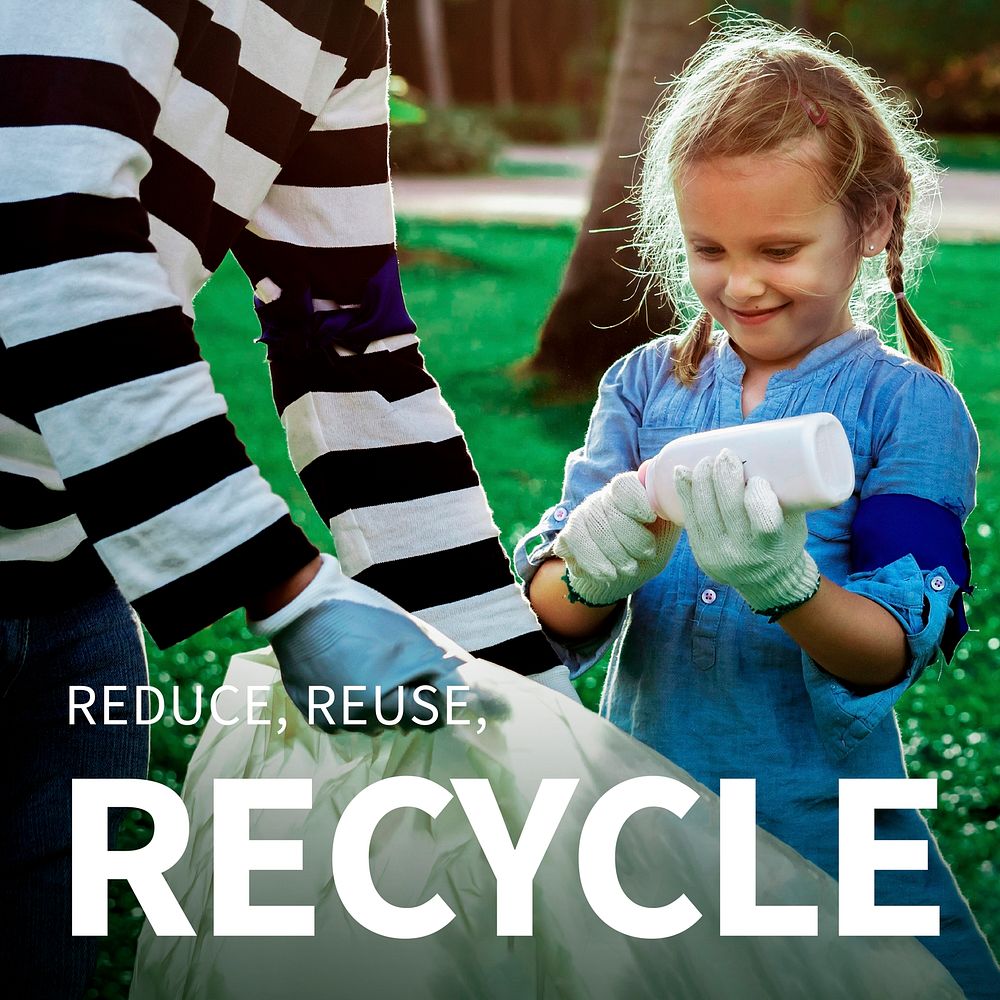 Girl sorting garbage with reduce, reuse and recycle text for environment social media post