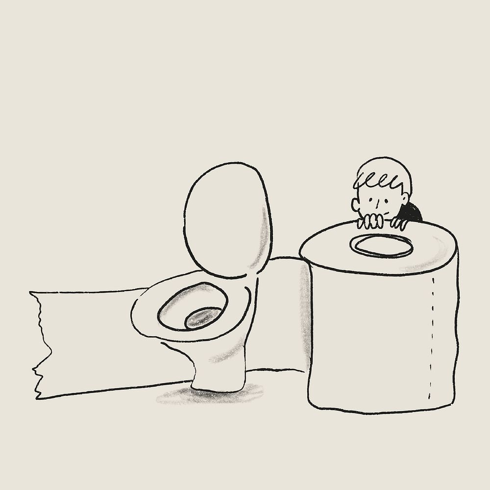 Man in toilet with tissue paper roll healthcare doodle