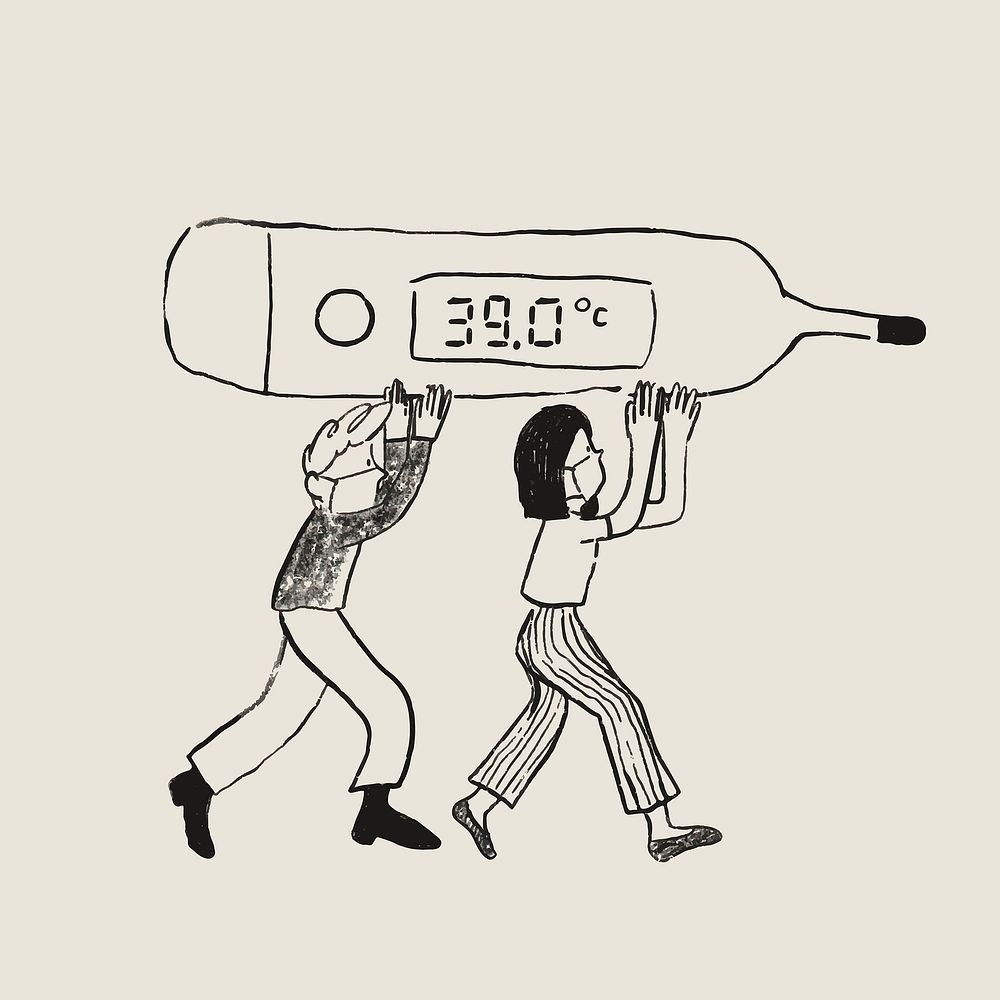 High body temperature people carry thermometer healthcare doodle