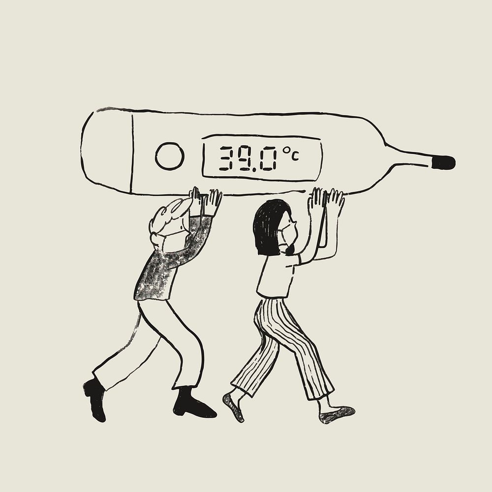High body temperature vector element people carry thermometer healthcare doodle