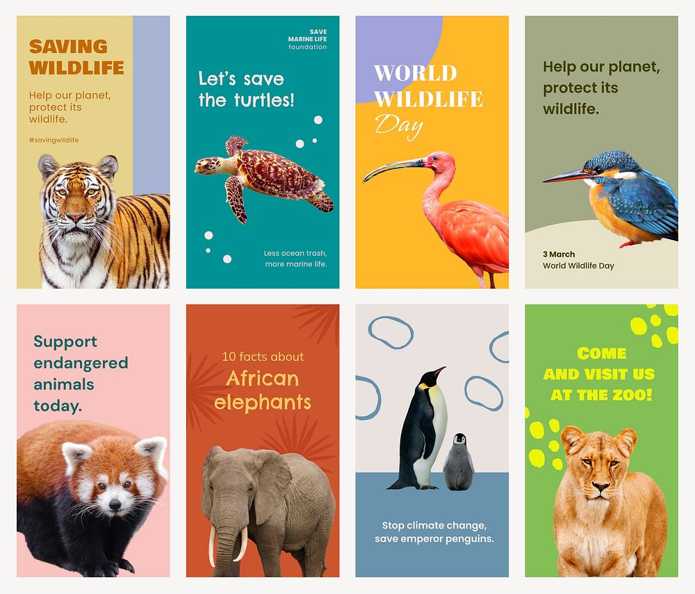 Animal protection Instagram story templates, wildlife conservation design set psd