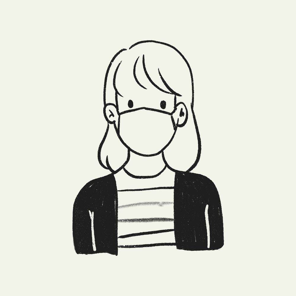 Person wearing face mask psd, illustration new normal doodle