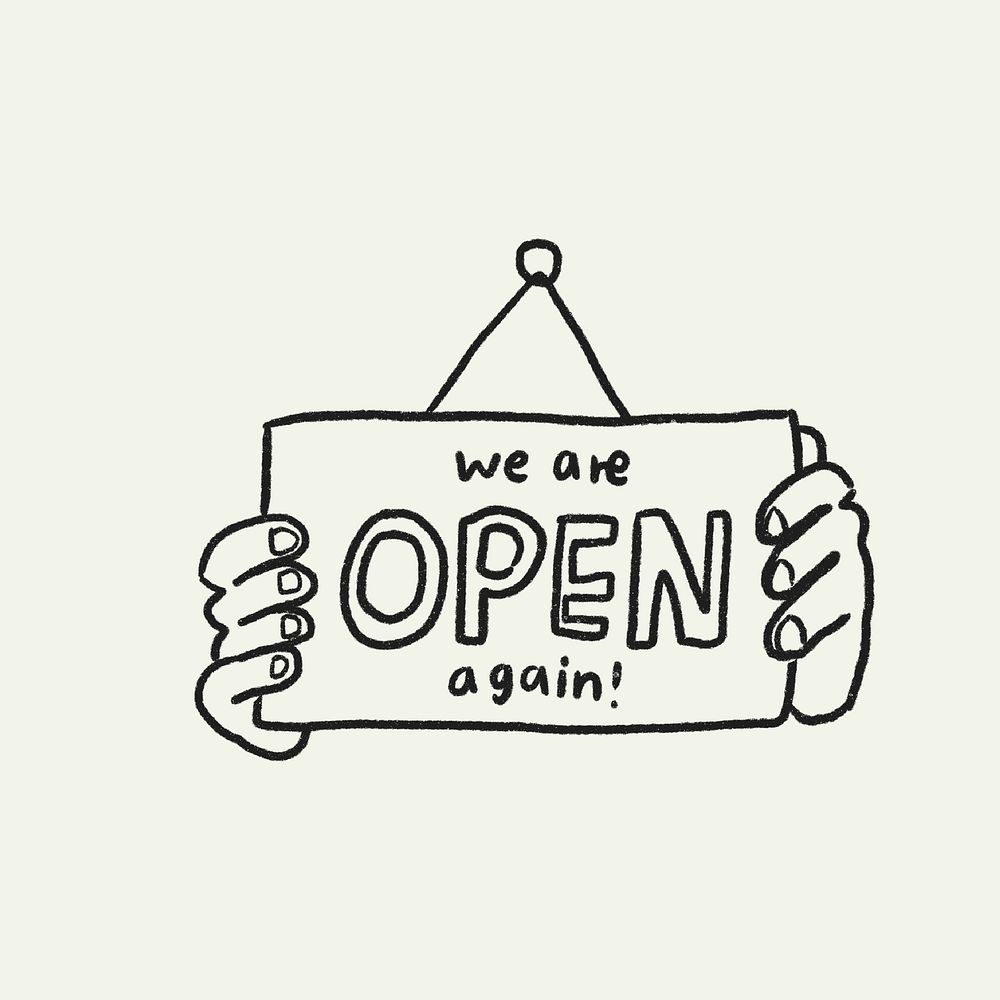 Retail shop open sign psd, doodle new normal illustration