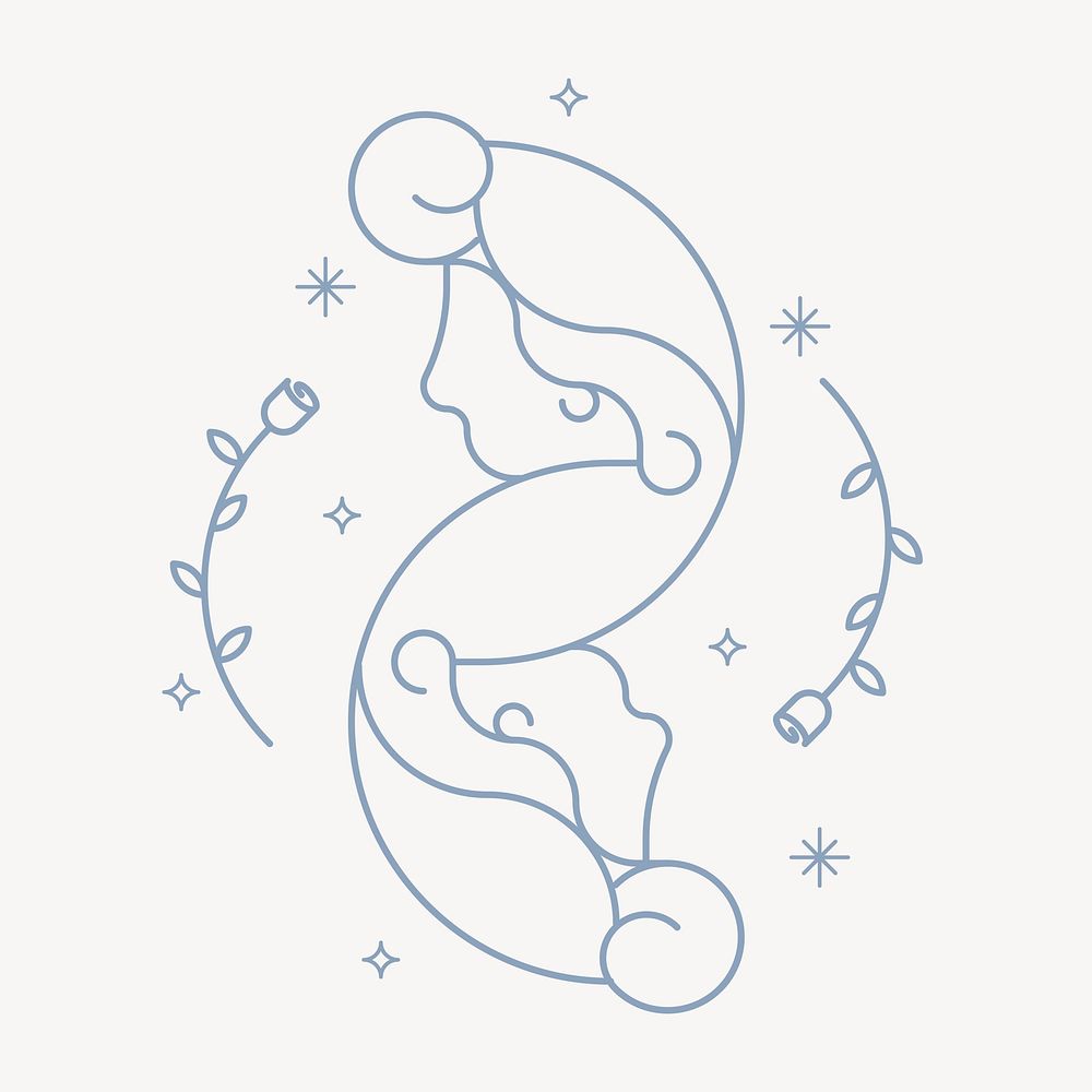 Gemini sign collage element, line art zodiac graphic vector