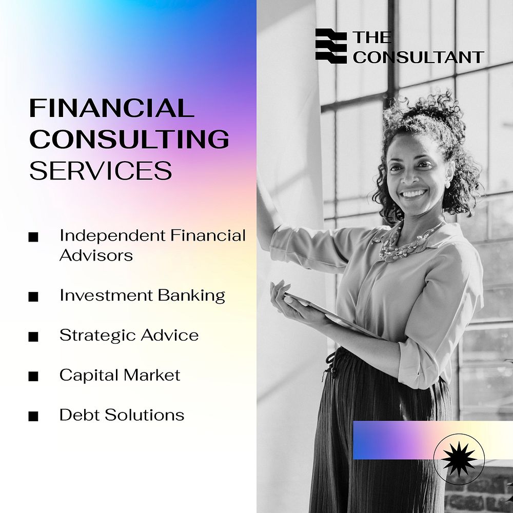 Financial consulting Instagram post template, debt solutions, purple gradient design vector