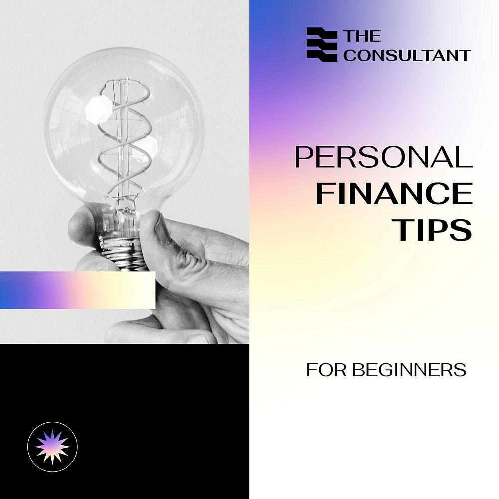 Finance tips Instagram post template, financial service, purple gradient design vector