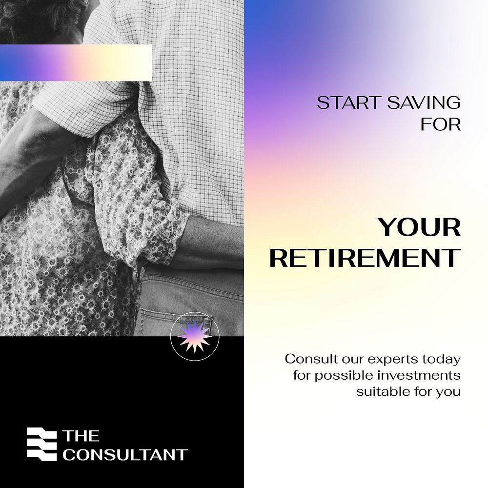 Retirement planning Instagram post template, financial consulting service, purple gradient design vector