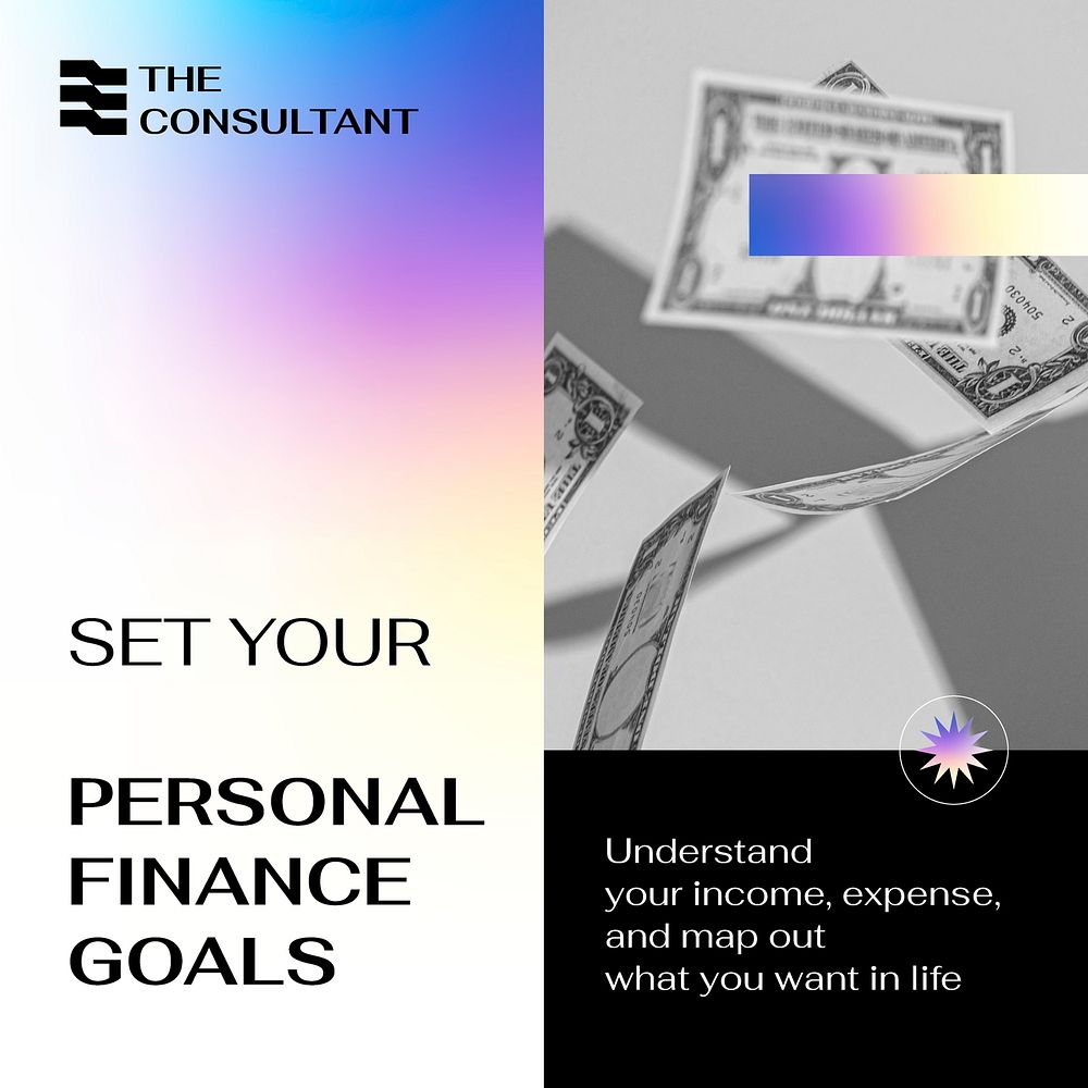 Finance goals Instagram post template, business consulting, purple gradient design vector
