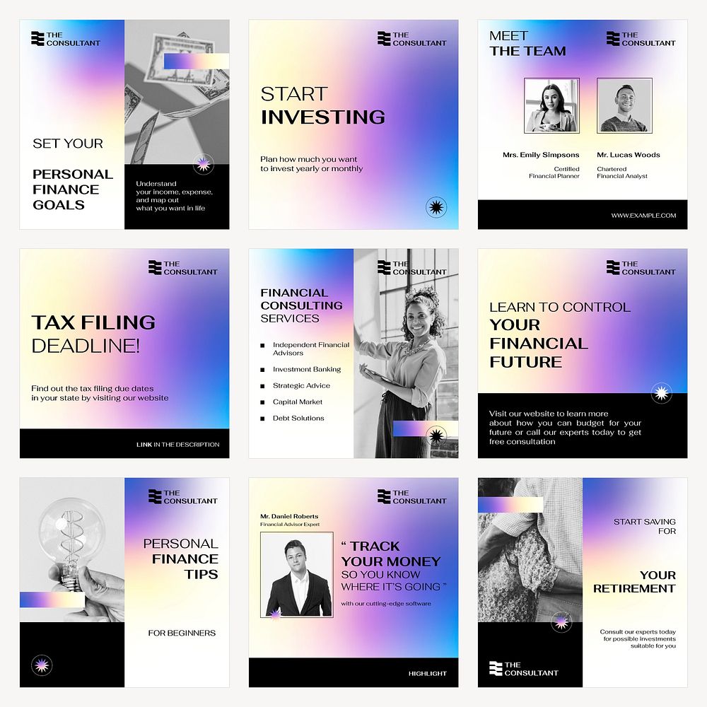 Tax consulting Instagram ad templates, financial advisor, purple gradient design set vector