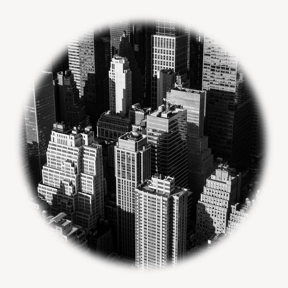 Grayscale buildings blur edge circle badge, city photo 