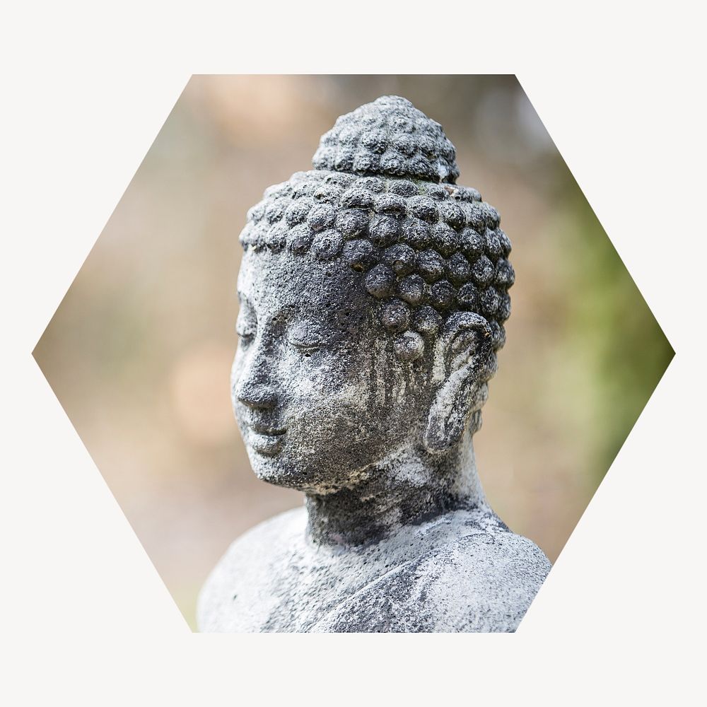Buddha statue hexagon shape badge, religious photo
