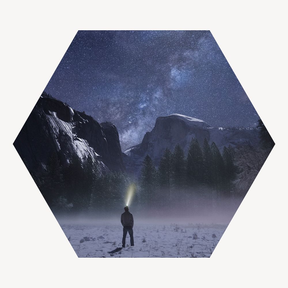 Man in snow mountain hexagon shape badge, travel photo