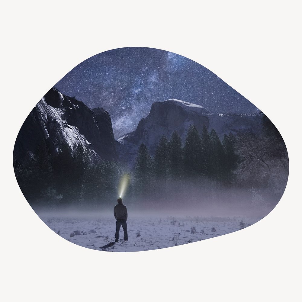 Man in snow mountain blob shape badge, travel photo