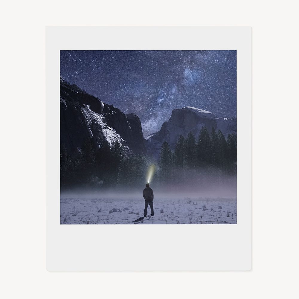 Man in snow mountain instant photo, travel image