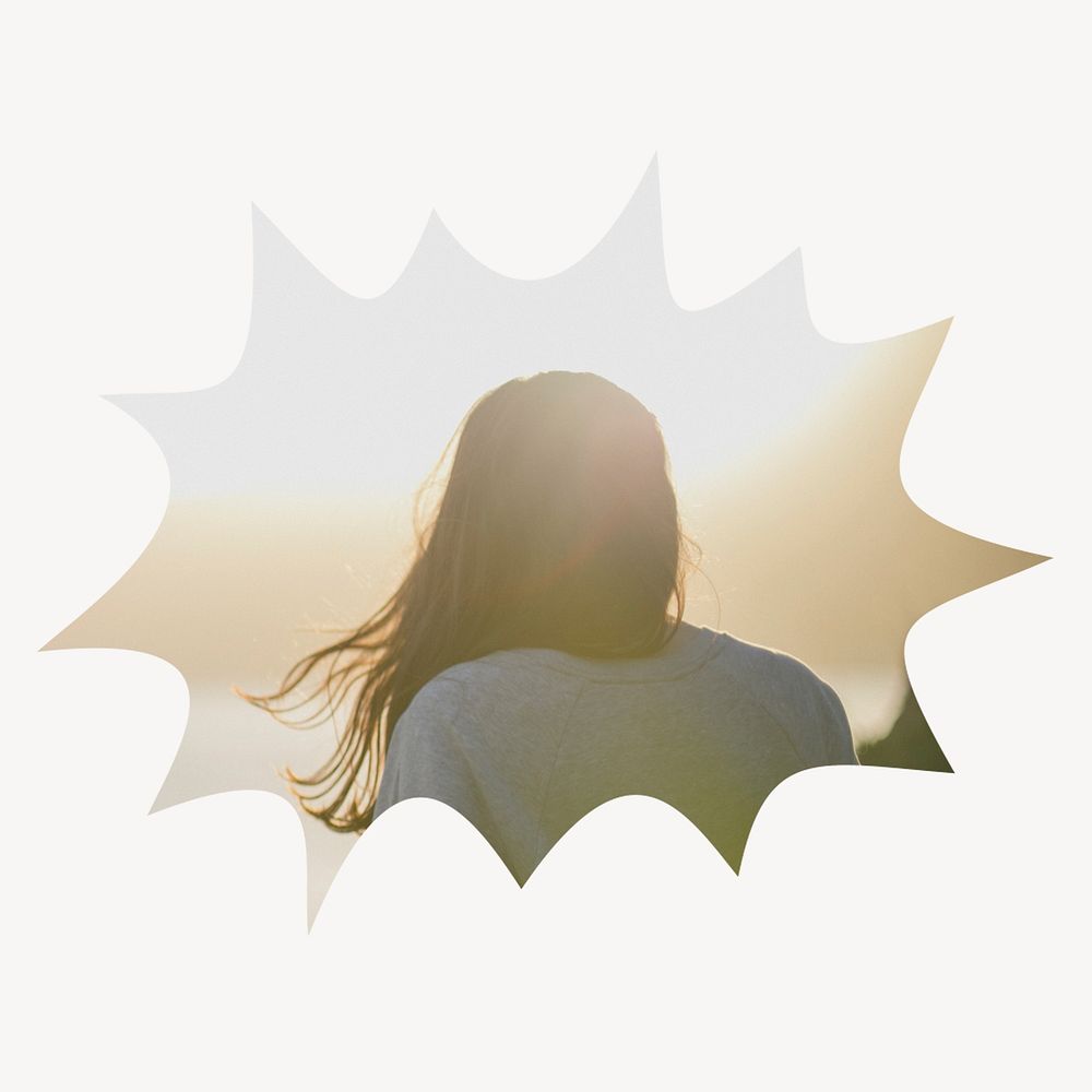 Woman under sunlight bang  shape badge, travel photo 